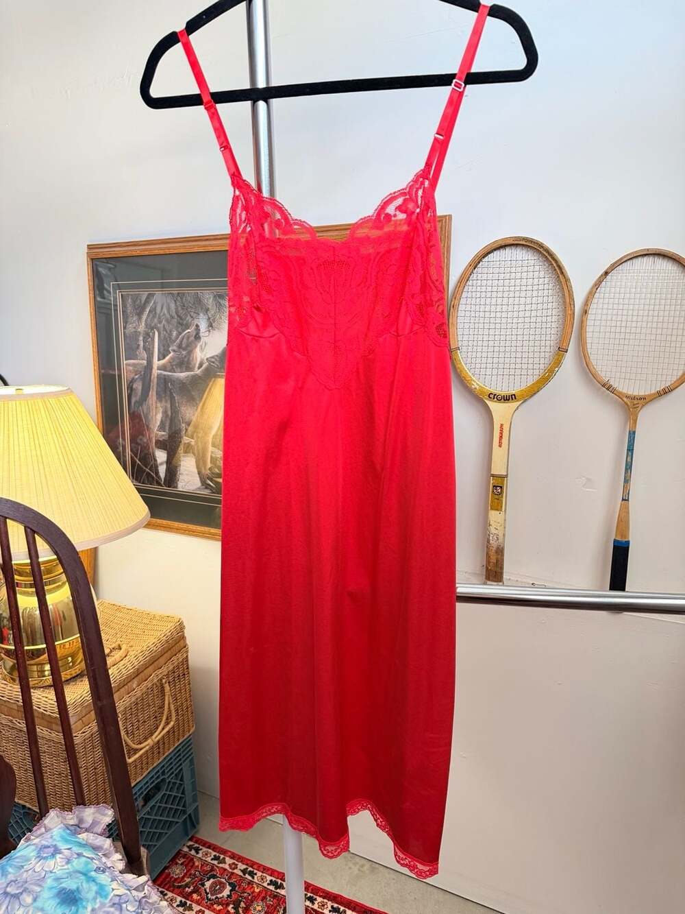VTG Red Lace Slip Satin Silk Feel Nightie Lingerie Sleepwear J.C. Penney Size 34